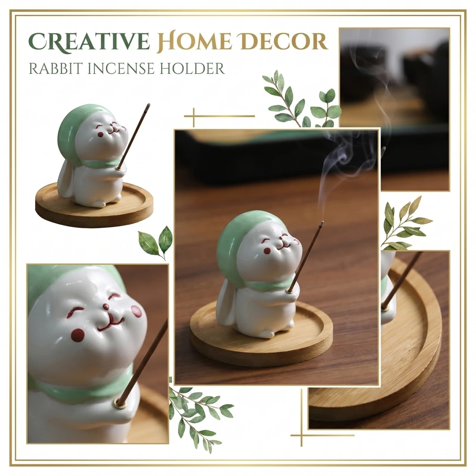 Porta Incenso a Forma di Coniglio, Bruciatore di Incenso in Ceramica con Vassoio in Legno, Decorazione Creativa per la Casa