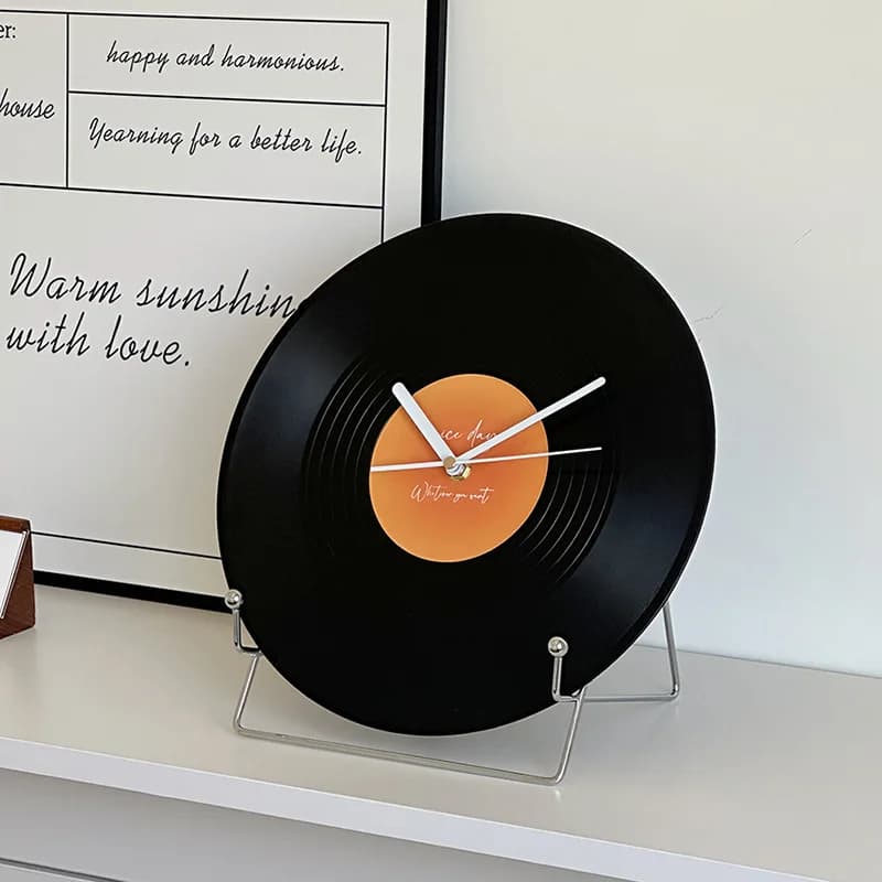 CuteLife Orologio da tavolo a forma di registrazione in plastica nera nordica Orologio da parete moderno silenzioso da tavolo rotondo per la decorazione della casa
