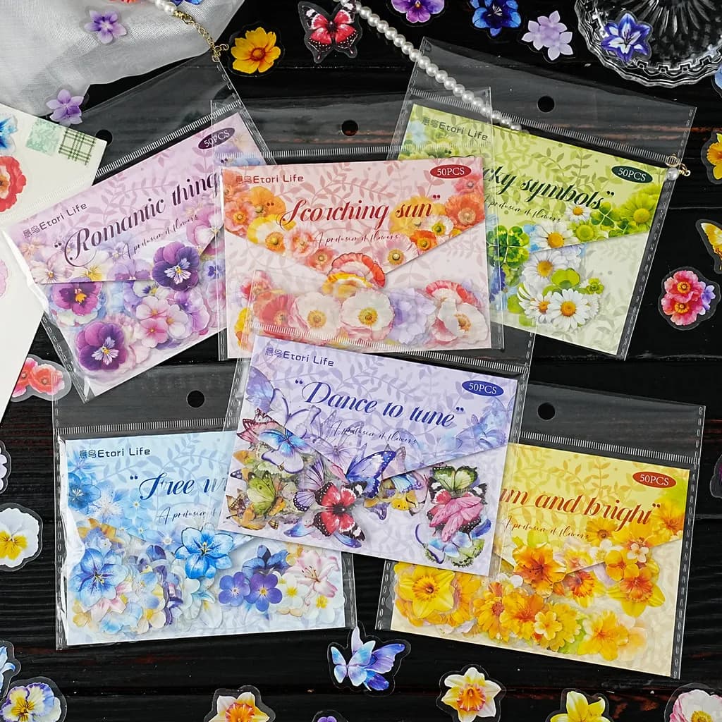 50pcs PET Flower Butterfly Scrapbook Stickers Kit Transparent Decoration Stickers Set for Junk Journal Album Diary Stickers