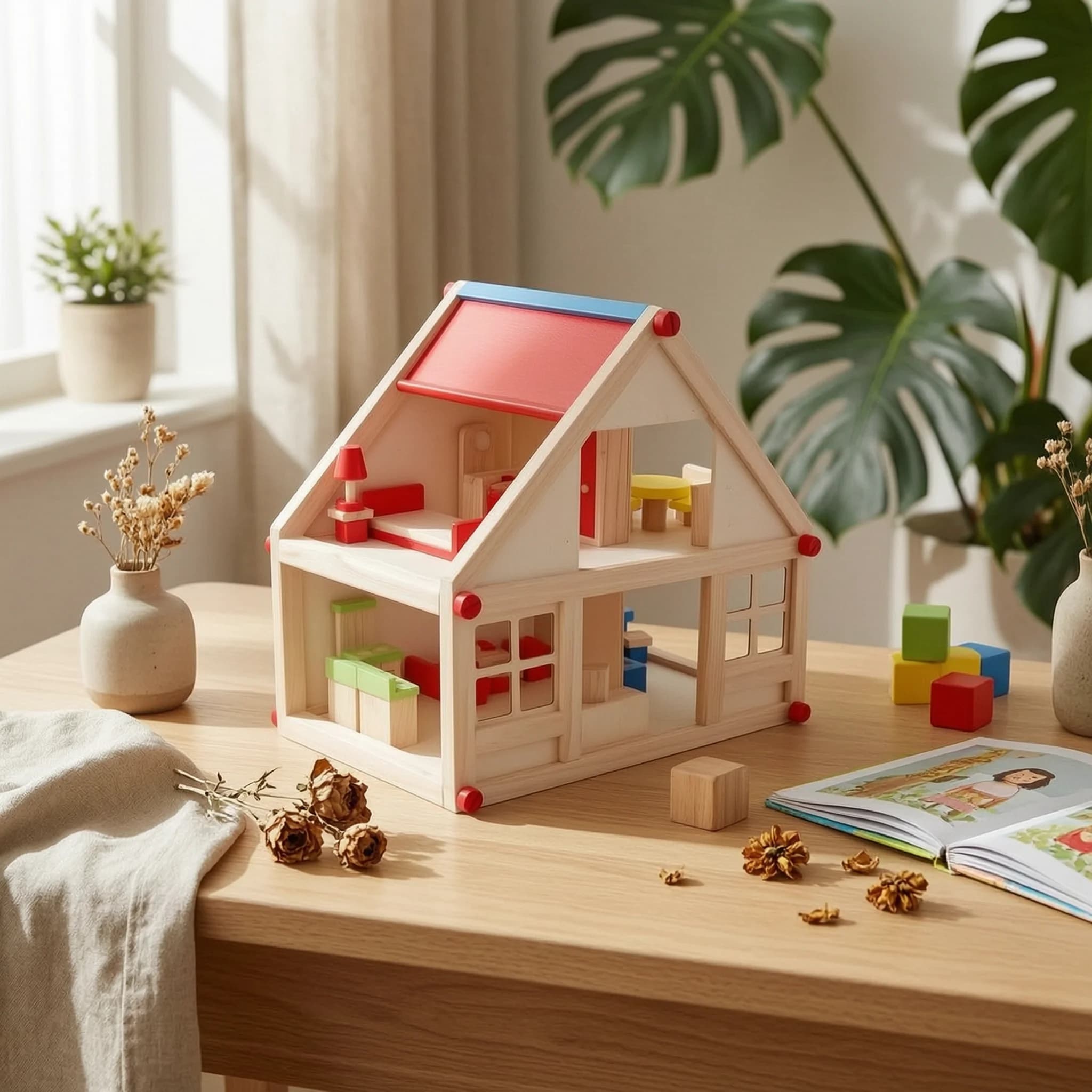 Wooden Dollhouse White Panels Two-Story Dollhouse Play Doll House Room Divider