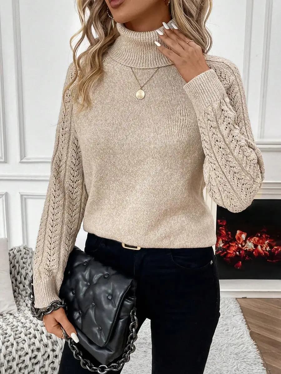 Maglione da Donna Beige a Collo Alto con Maniche in Pizzo Lavorato a Maglia