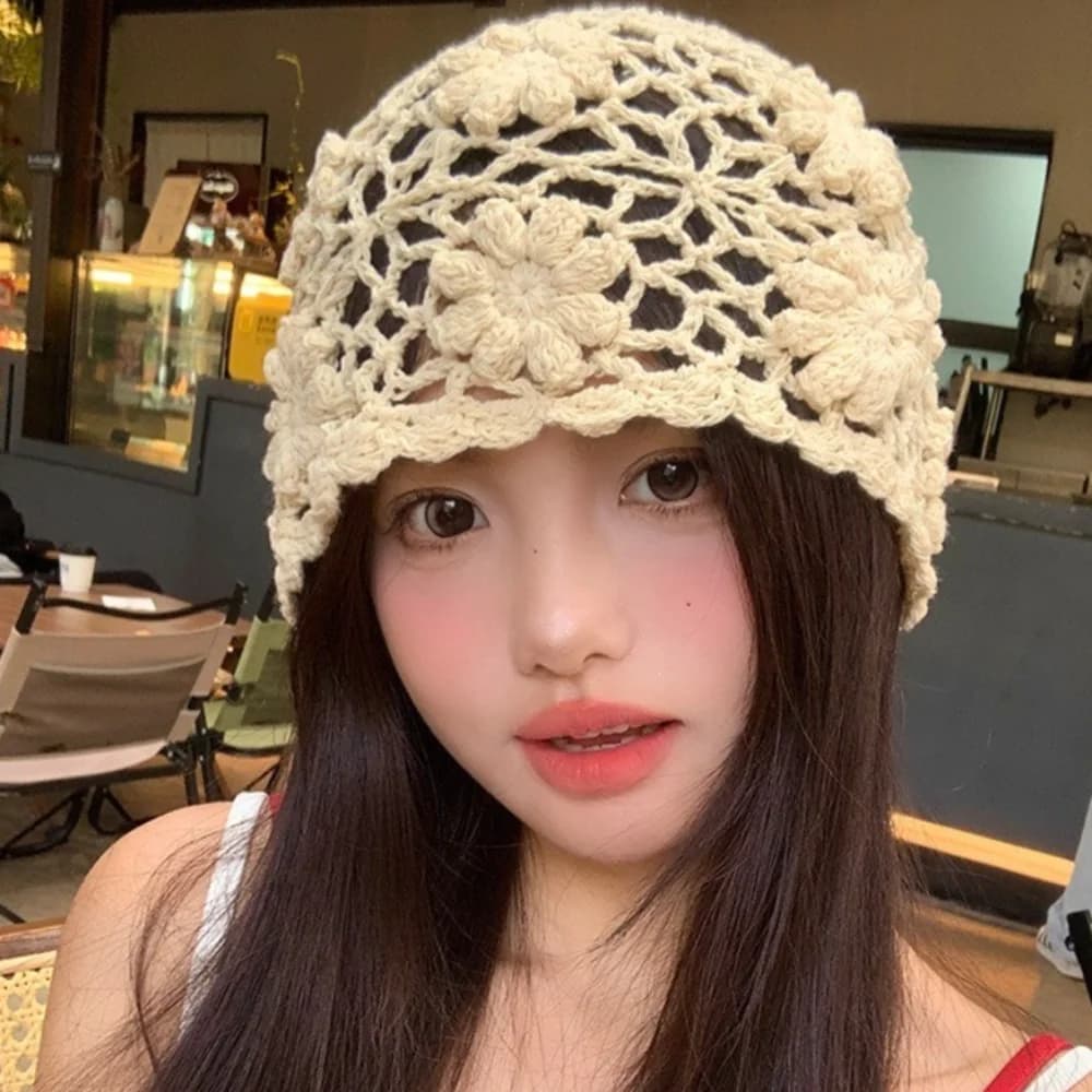 Retro Hollow Women Bald Hat 3D Flower Hand Hook Candy Knitted Hat Spring and Summer Crochet Beanie Cap