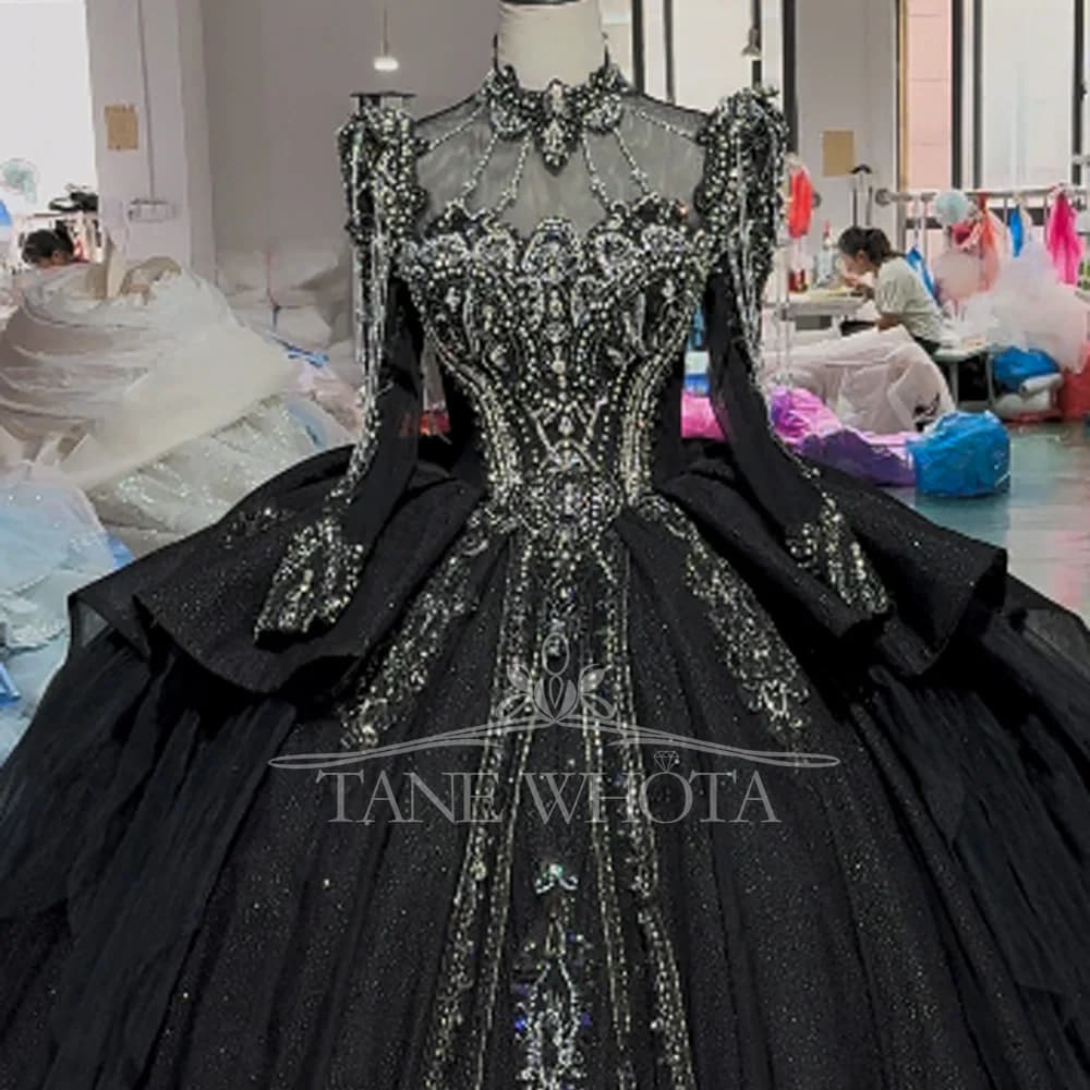 Abito da sera con maniche lunghe personalizzabili nero tartaruga con lacci e buco della serratura sul retro Abito di lusso con perline di cristallo per occasioni speciali