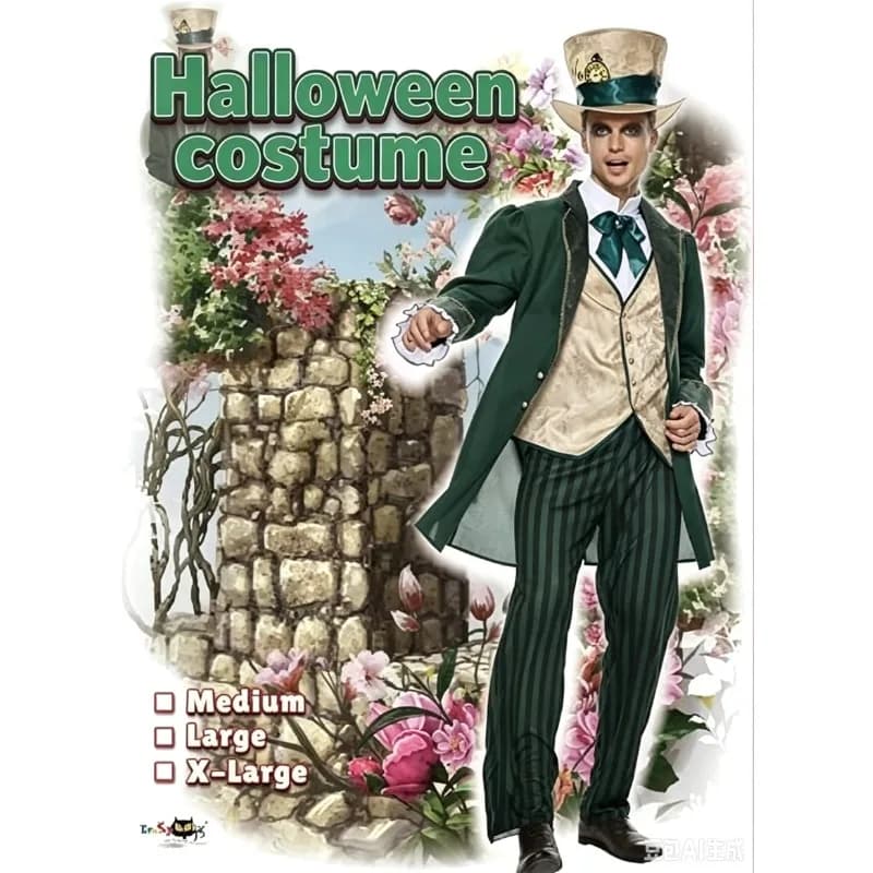 Halloween Hatter Costume Men Mad Tea Party Master Outfits Adult Story Book Character Tuxedo Pants Hat Set Gentleman Suit