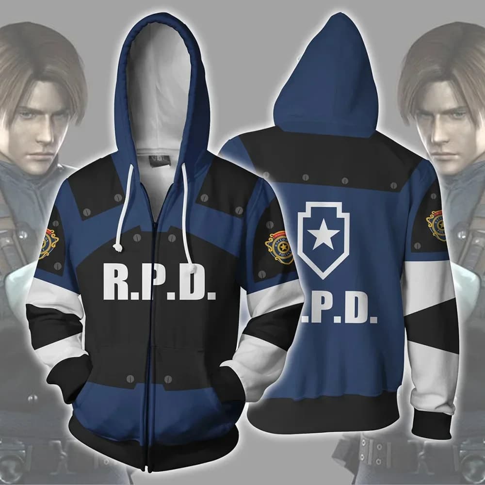 Costume cosplay Residents RE Evils 2 Felpe con cappuccio Halloween Cosplay Leon Scott Kennedy Giacca maglione Cappotto con cerniera Abbigliamento