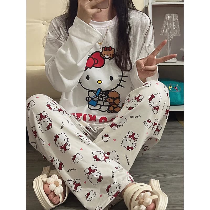 Nuovo Pigiama Sanrio Primavera-Autunno per Donna, Comodo Set Due Pezzi con Collo Tondo, Maniche Lunghe e Pantaloni Lunghi