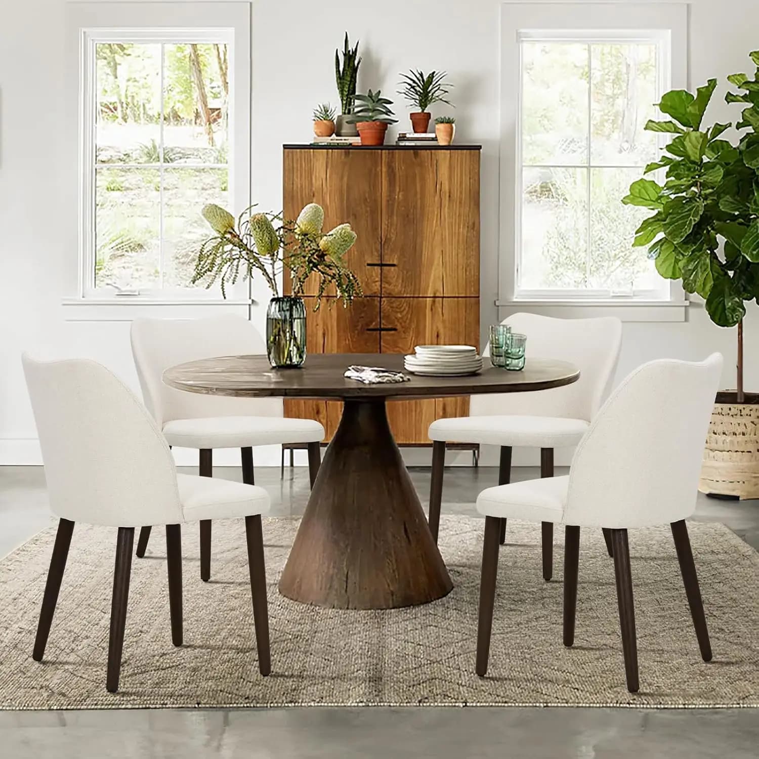 Set di 4 sedie da pranzo imbottite, sedia da cucina moderna in tessuto beige con sedile imbottito e gambe in legno