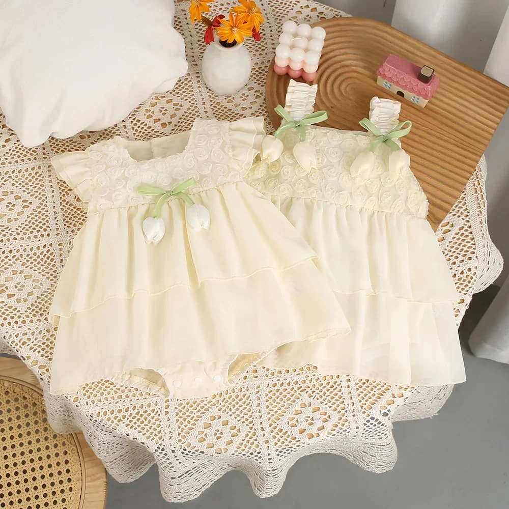 0-2Y Girl Bodysuit Dress Summer Newborn Girl Romper Dress Baby 3D Tulip Floral Bow Accent Soft Ruffle Princess Outfit Clothing