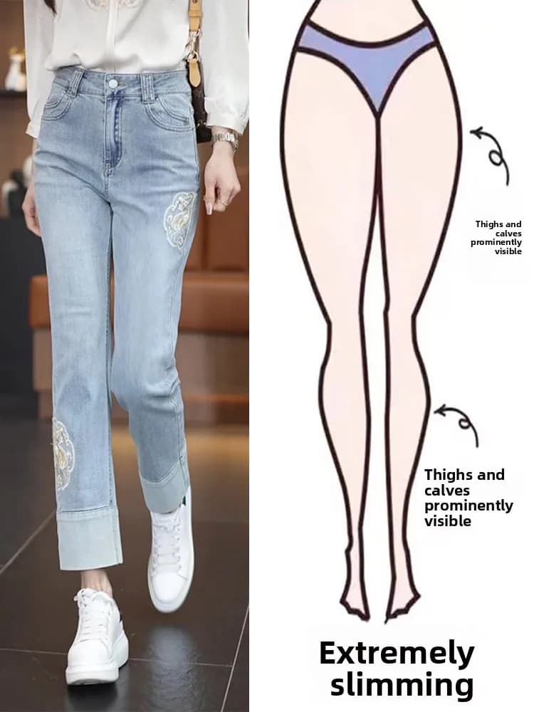 Jeans a Vita Alta e Gamba Dritta Stretta per Donna, Ricamati, Nuovi Jeans Estivi in Misto Cotone e Poliestere Blu