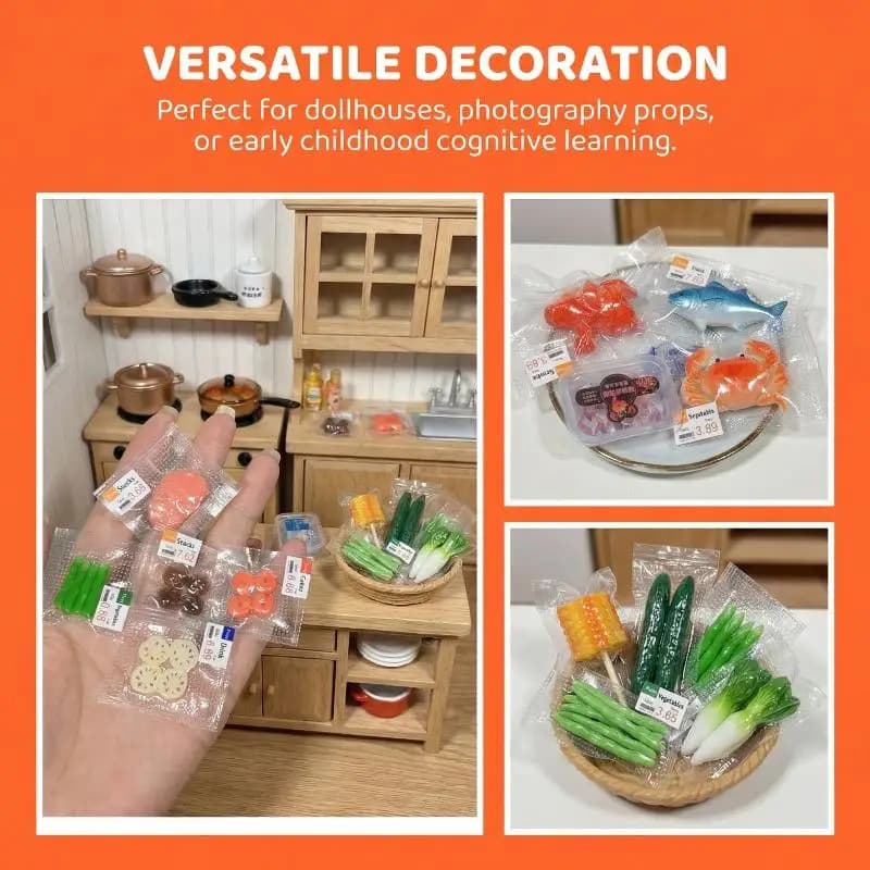 ✰ ✪ 1 Pezzo 112 Miniature di Cibo per Casa delle Bambole, Verdure, Frutta, Frutti di Mare Sottovuoto, Accessori Realistici per Decorazione Cucina