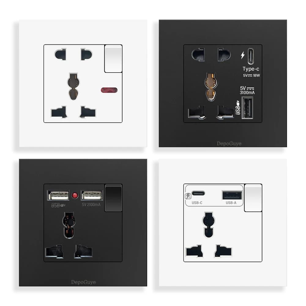 5 pin universal power socket with 18 W fast charging universal power socket, 3 pin double wall socket USB type C 5 V 3.0 A CA 110-250 V