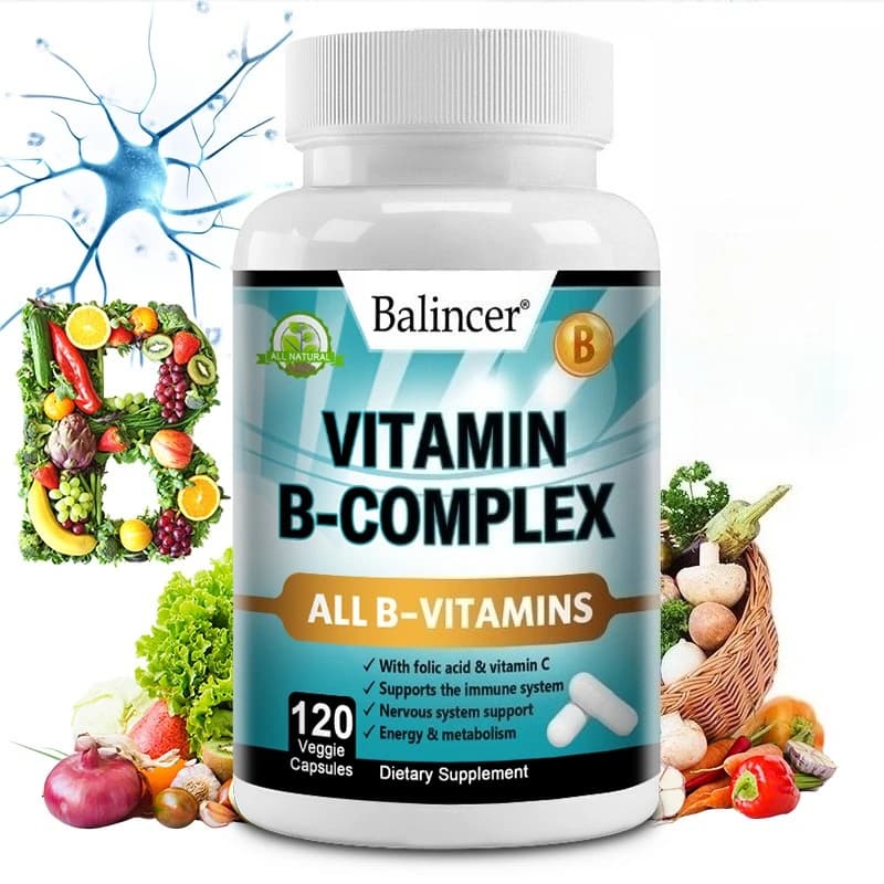Complex vitamin B supplement, containing folic acid and vitamin C, supports energy, immune health, antioxidant supplement