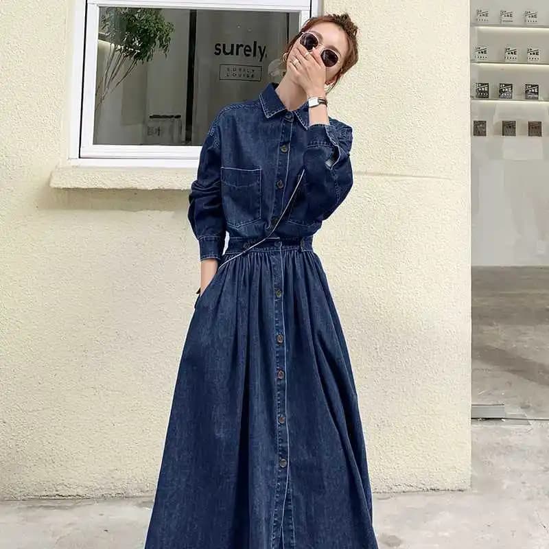 Moda donna Denim Abiti lunghi Primavera Abito a maniche lunghe Uzun Elbiseler Robe Abiti Femenino Abiti Longos Robes Longues