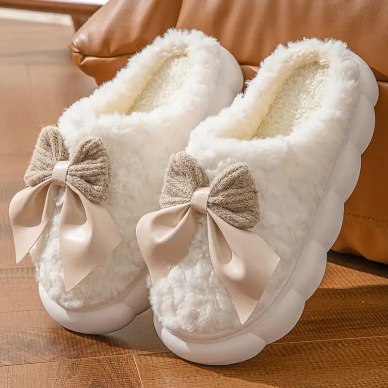 Pink Bowtie Furry Fur Slippers for Women Winter 2026 New Thick Platform Soft Sole Home SlidesWoman Warm Plush Fuzzy Indoor Shoes