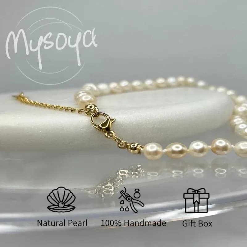 MYSOYA Bracciale con perle d'acqua dolce bianche 5-6 mm con confezione regalo per lei/lui Compleanno/Boda/Natale/Capodanno/Regalo di San Valentino