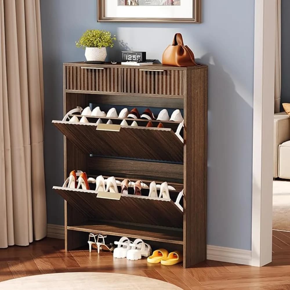 Scarpiera Scanalata per Ingresso, Mobile Scarpiera Sottile in Noce con 2 Cassetti Ribaltabili e 2 Cassetti Superiori, Organizer Moderno per Scarpe con Ripiani Regolabili, Consolle Stretta Autoportante, Legno Scuro