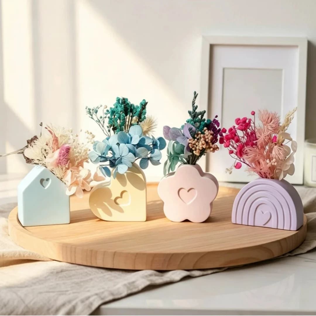 Heart Flower House Rainbow Mini Vase Scented Gypsum Silicone Mold DIY Plaster Epoxy Resin Candle Holder Decoration