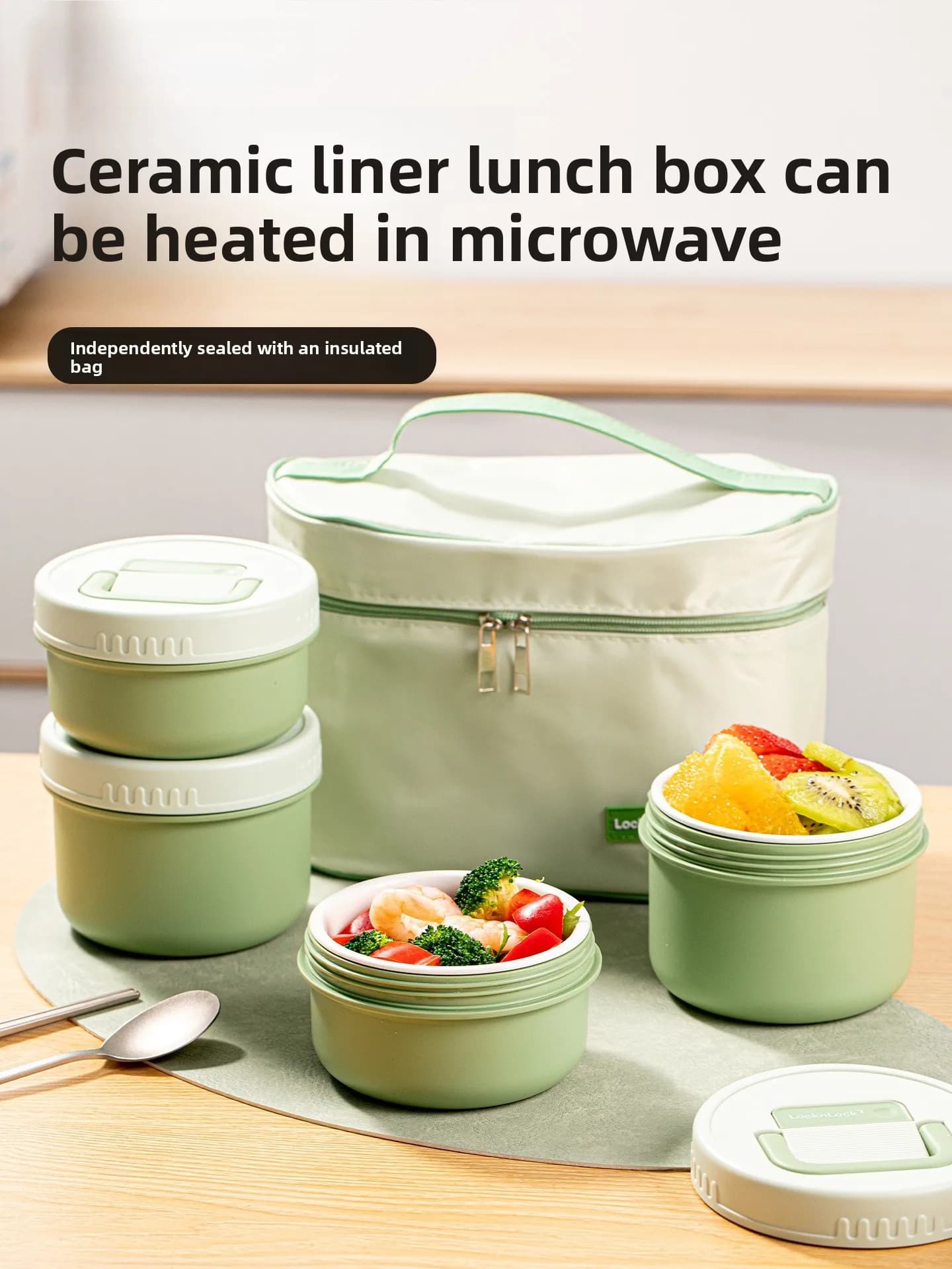 Contenitore per Pranzo LocknLock con Interno in Ceramica, Adatto al Microonde, Riscaldabile, per Lavoratori d'Ufficio, Stile Semplice, Facile da Pulire, Forma Rotonda, Bento Box