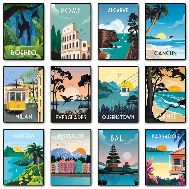Travel Illustrated Diamond Painting Carmel Milan Bali Rome Venice Scenery Posters Prints Wall Art Picture Living Room Home Dec