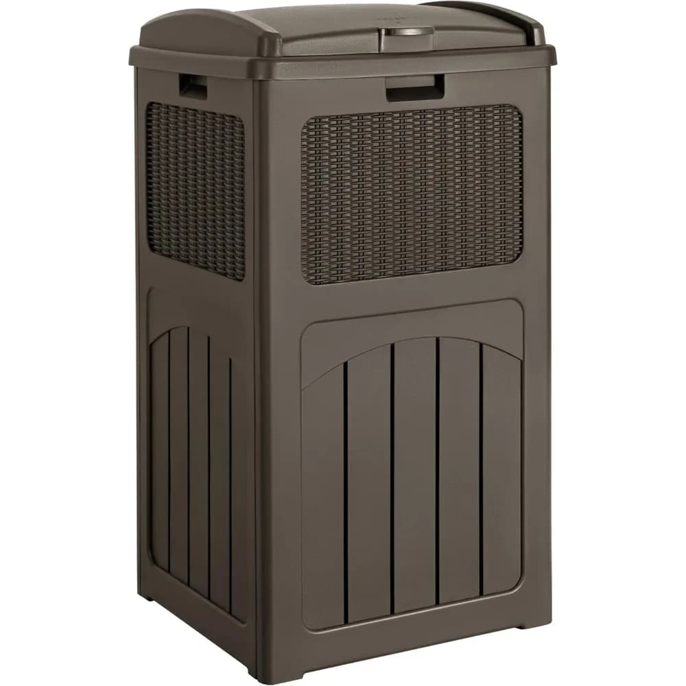 Cestino per rifiuti da esterno Devoko da 33 galloni, impermeabile in resina, con coperchio a gradini, per patio, piscina, giardino, colore marrone scuro