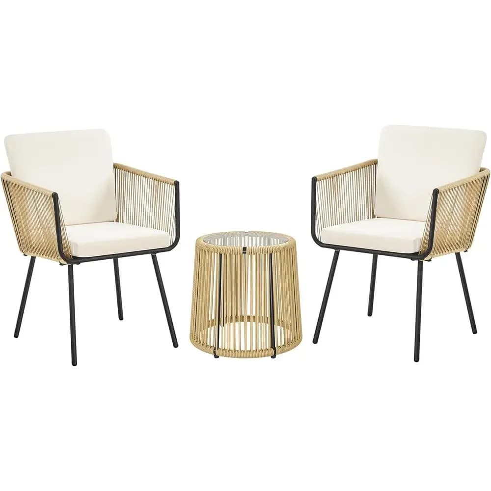 Set Bistrot da Esterno in PE Intrecciato a 3 Pezzi per Tutte le Stagioni con 2 Sedie, Tavolo in Vetro Temperato e Cuscini per Patio, Bordo Piscina, Portico, Giardino