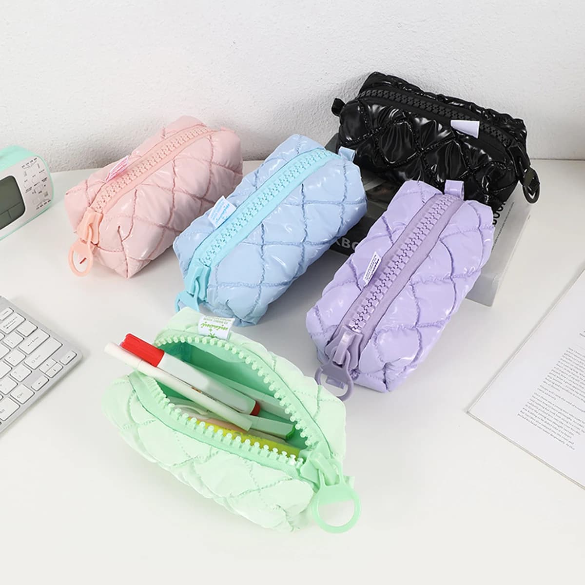 new2026 Cute Candy-colored Soft Quilting Big Zipper Pencil Case School Storage Bag Large Capacity Pen Bag Back-to-School Gift