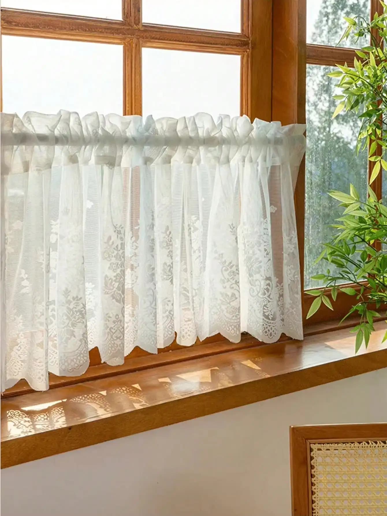 1 pz Tenda Corta Bianca con Tasca per Asta e Pizzo Arricciato, Stile Rustico, Tenda da Cucina, Divisorio per Stanza, Decorazione per Armadietto