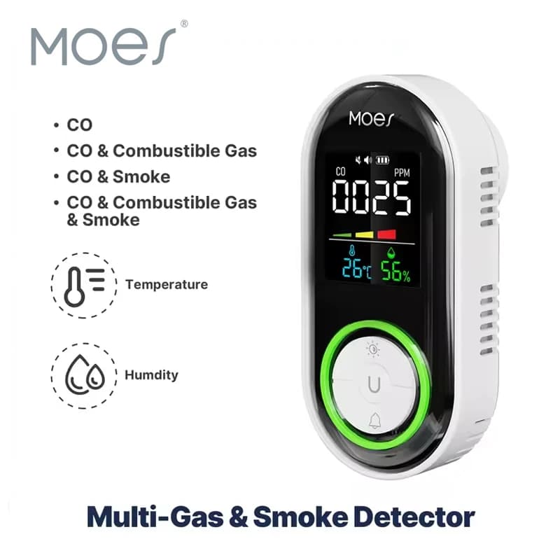 Rilevatore di Gas CO e Fumo MOES, Sensore di Monossido di Carbonio da Inserire, Allarme con Display LED, Temperatura e Umidità per Cucina, Garage, Caldaia