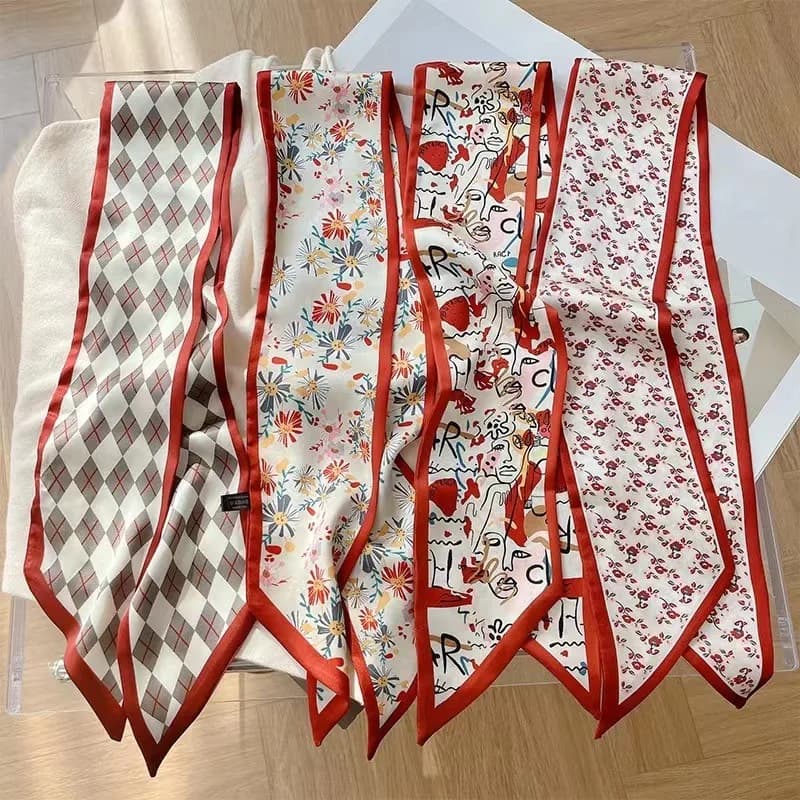 Women Fashion Red Floral Scarf New Style Multi Functional for Bag Binding Hair Band and Neck Scarf Elegant Sweet Decor Accessory