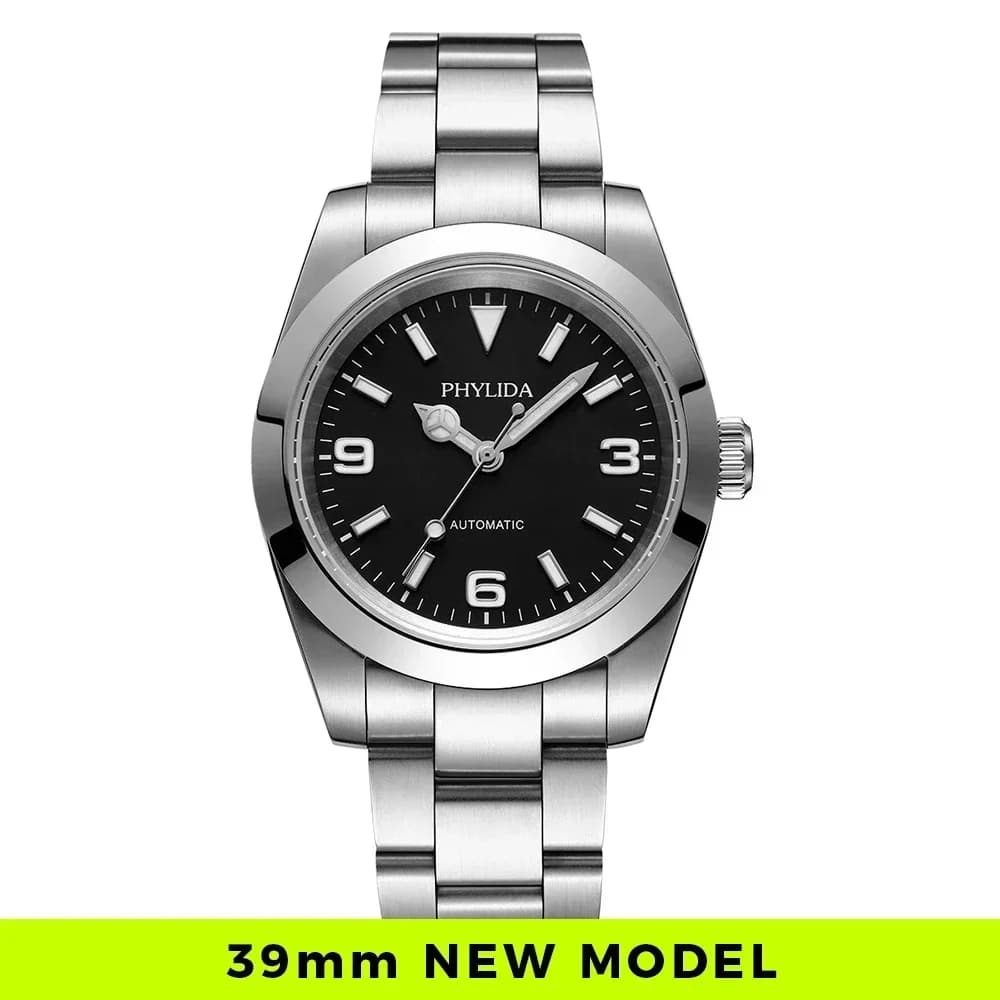 PHYLIDA 39mm Miyota Orologio meccanico automatico di lusso Esplora quadrante nero Bracciale spazzolato resistente all'acqua 100M