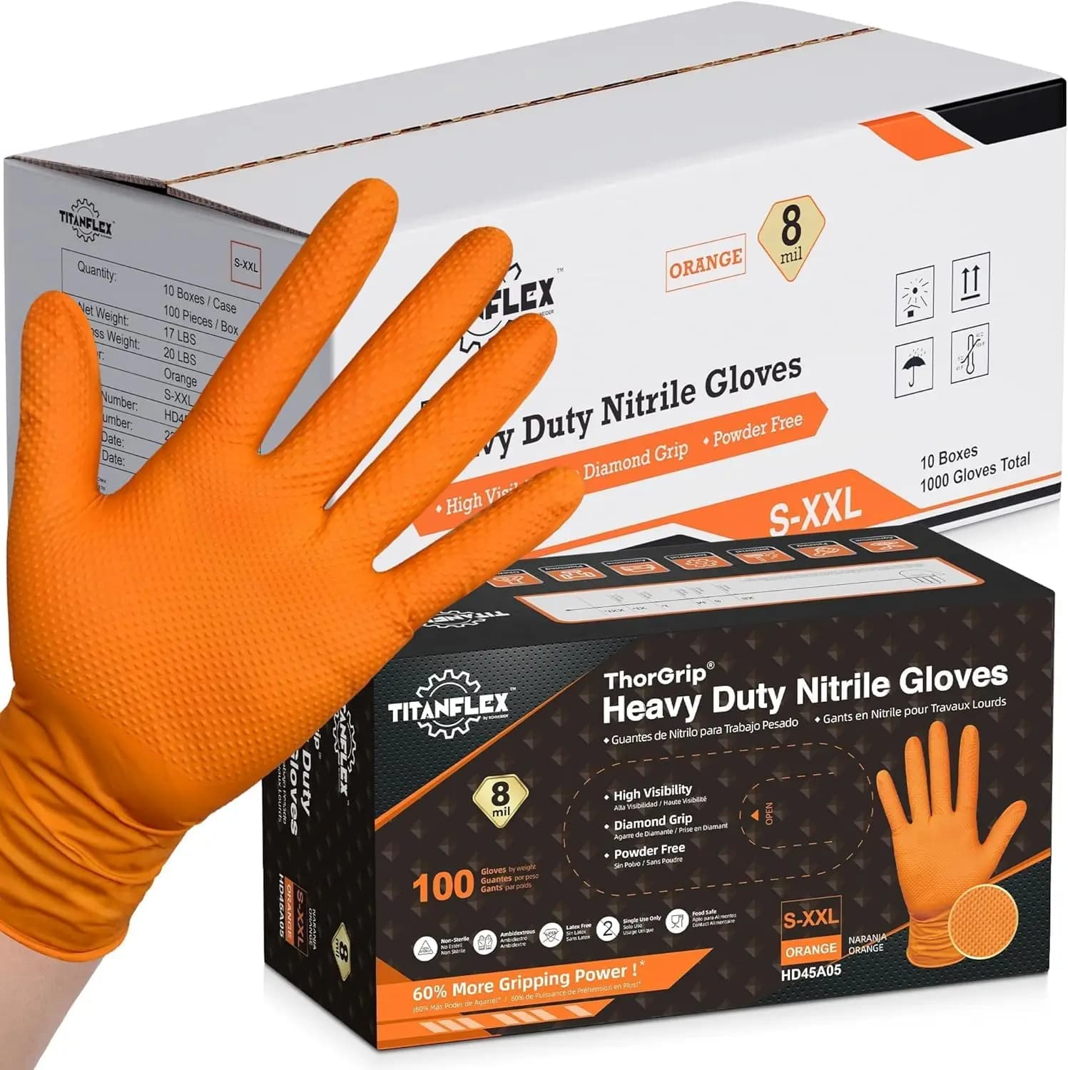 Guanti in Nitrile Arancioni Resistenti con Texture a Diamante in Rilievo per Lavori Industriali, Senza Lattice 6mil