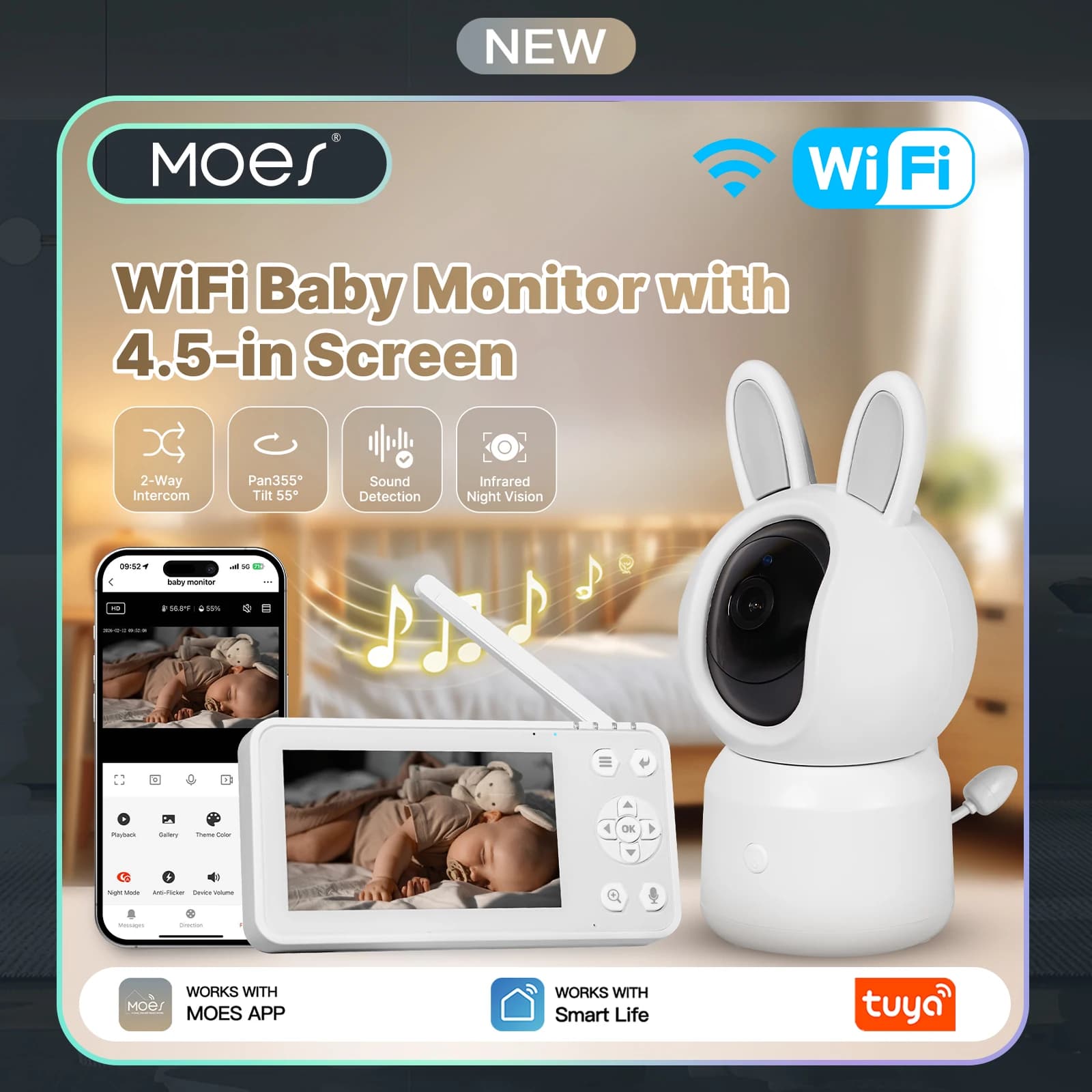 Monitor per Bambini Smart WiFi MOES Tuya con Schermo LCD da 4,5", Telecamera di Sicurezza PTZ con Zoom, Sensore di Temperatura e Ninna Nanna