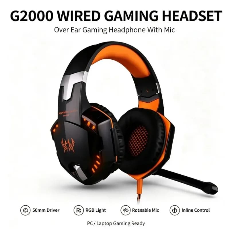 KOTION G2000 Over Ear Gaming Headset Stereo Deep Bass Wired Headphones LED Light Noise Isolating Mic For PS4 PS5 Xbox PC Laptop