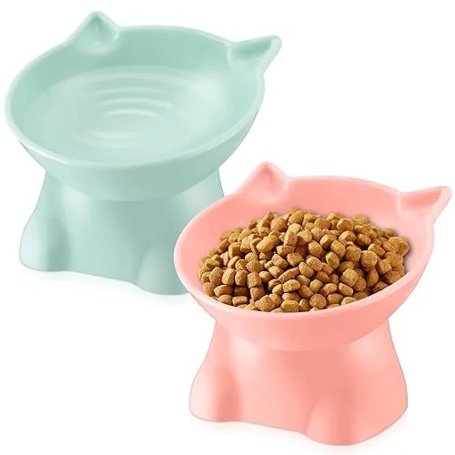 2 Ciotole Rialzate in Plastica per Gatti, Ciotole per Cibo e Acqua per Gattini di Piccola Taglia, Rosa e Verde