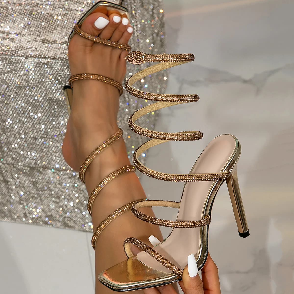 KM-ROYA Sexy 11.5CM/4.52inch Heel 9 COLORS Blue Green White Orange Women Sandals Snake Wrapped Straps High Heel Party Shoes
