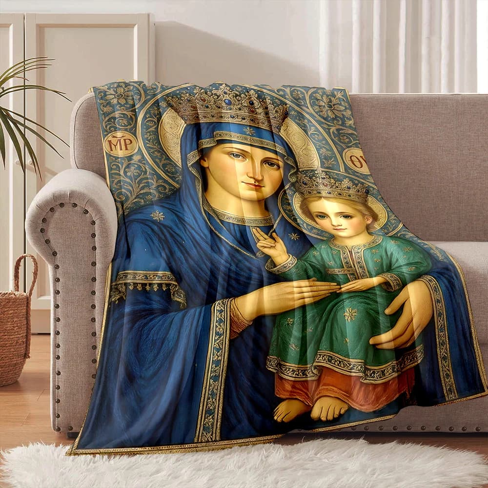 1PC Coperta in flanella con stampa religiosa Madre e Bambino, morbida e calda, adatta per casa, viaggi, picnic, campeggio, camper