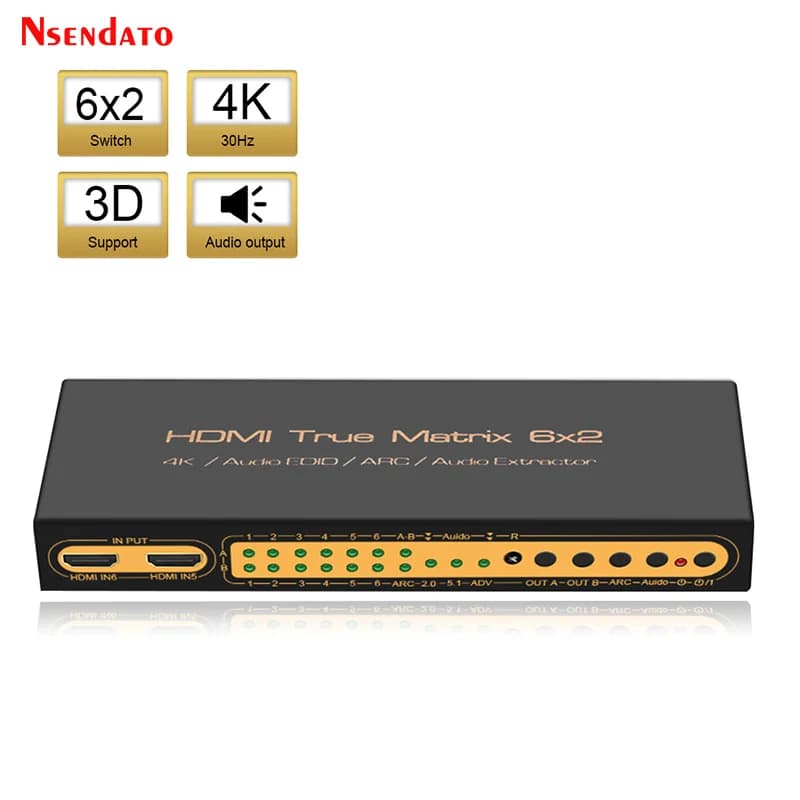 HDMI UHD 4K*2K 6x2, Switch Splitter HDMI 4K with IR, ARC, SPDIF, 3.5mm, 3D, HDTV, 6 Inputs 2 Outputs, HDMI Audio Extractor