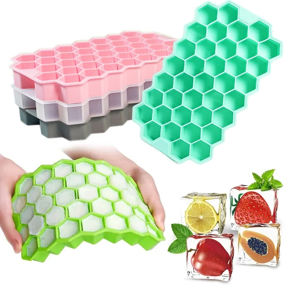 37Grid Vassoio per il ghiaccio Stampo per cubetti di ghiaccio in silicone morbido per uso alimentare con coperchio a nido d'ape Lavabile e riutilizzabile Macchina per il ghiaccio fai da te Cucina di casa