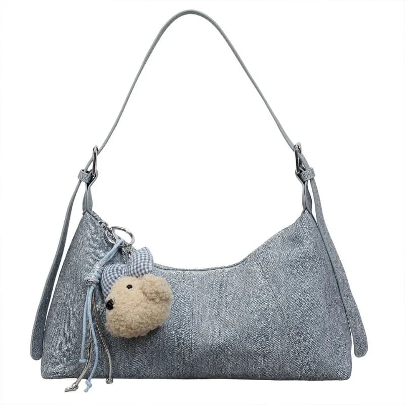 Korean Style Retro Washed Denim Baguette Bag Large Capacity Lightweight Aesthetic Hobos Shoulder Handbag for Women