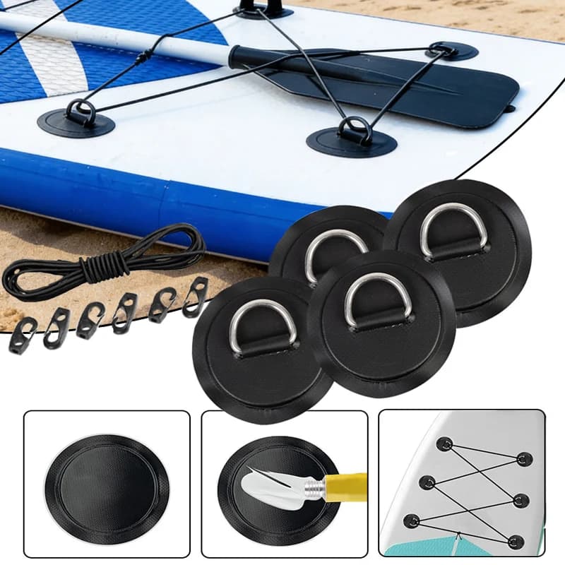 4 Pezzi Anello a D Circolare da 8 cm con Patch in PVC, Fibbia per Corda per Gommone, Accessori per Tavole da Surf, Anello a D a Sgancio Rapido in Acciaio Inossidabile