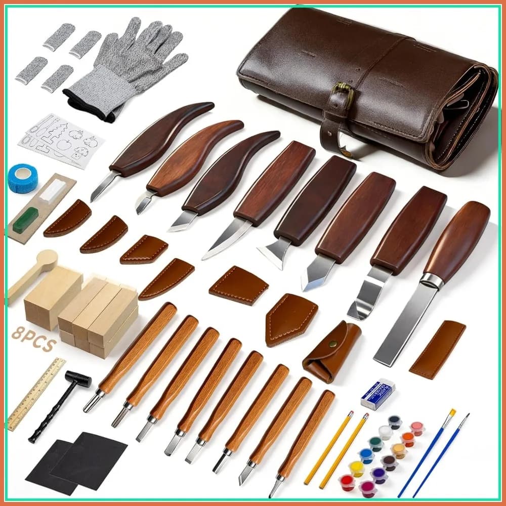 Kit Completo per Intaglio del Legno da 68 Pezzi con Borsa in Pelle, 16 Coltelli in Acciaio al Carbonio, Blocchi di Legno di Tiglio e Vernice, Ideale per Appassionati e Regalo Fai-da-Te