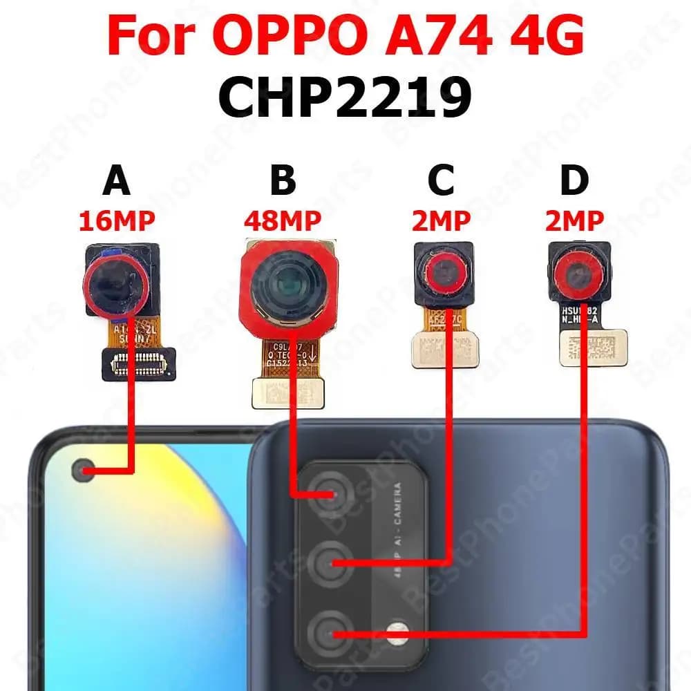 Fotocamera anteriore posteriore per OPPO A74 4G CHP2219 Parte posteriore frontale frontale Selfie Modulo fotocamera posteriore Parti del telefono cellulare