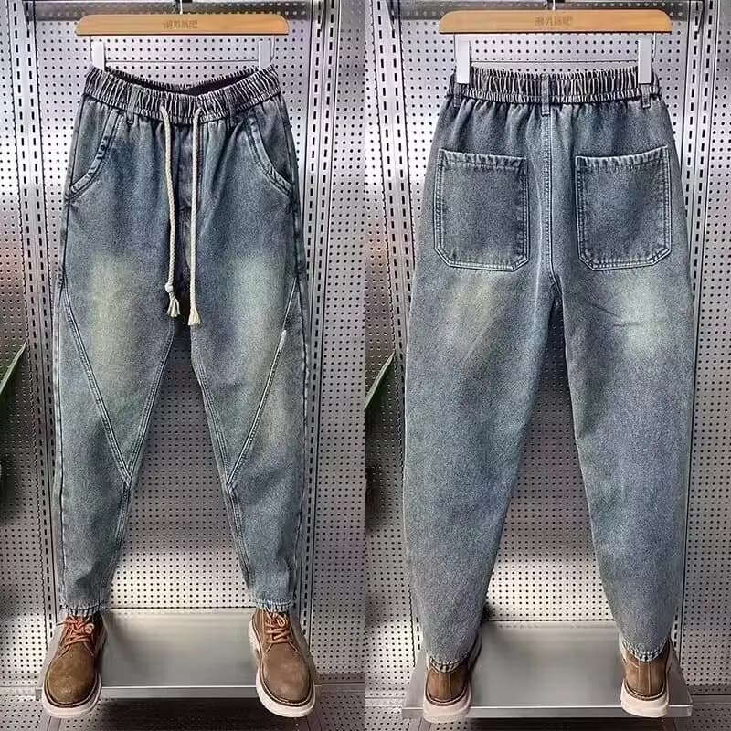 Jeans Stile Americano da Uomo Primavera Autunno, Pantaloni Casual a Vita Elastica, Modello Harem Trendy