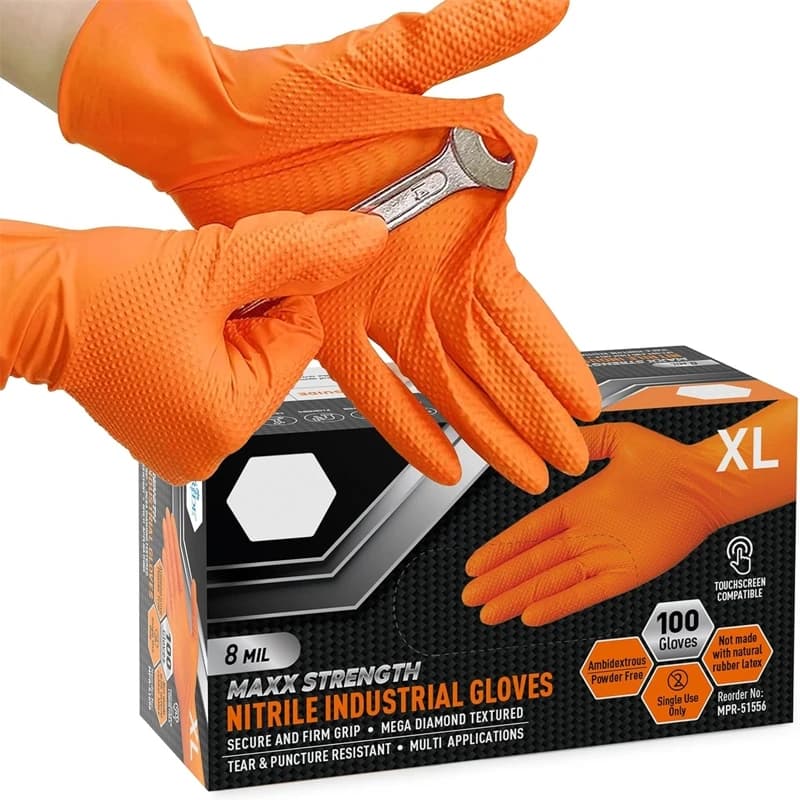 Guanti monouso in nitrile arancione resistenti da 8 milioni Guanti industriali rialzati con struttura a diamante Guanti da meccanico da lavoro di sicurezza senza lattice