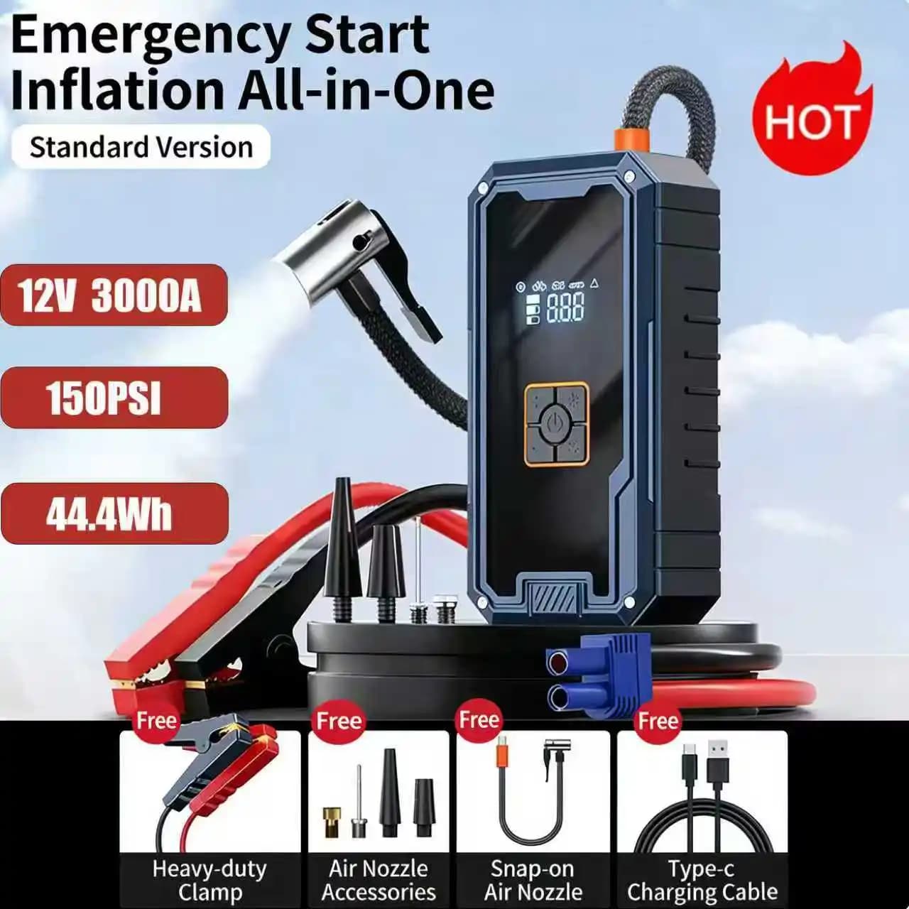 Emergency 4 in 1 3000A for 12V car, 150PSI air inflatable pump, air compressor, portable power bank, emergency starter, LED light