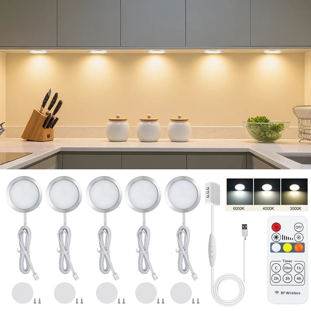 Round LED Puck for 5V cabinet powered via USB CCT white cold/white hot/light 16 LED 60*8mm 13 keys RF remote USB hub kit