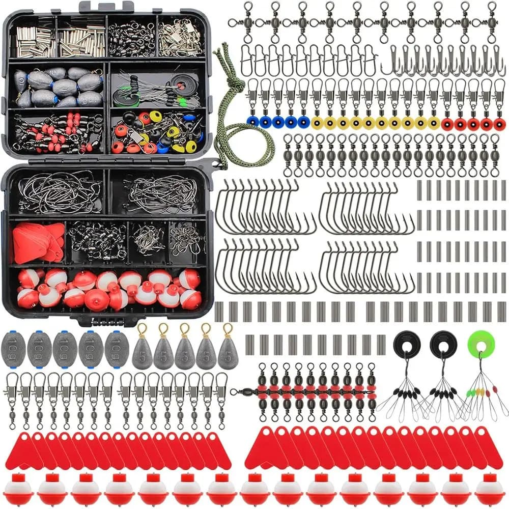 Complete set of 144 pieces fishing gear with hooks, poplars and box holders: ideal gift for fishermen