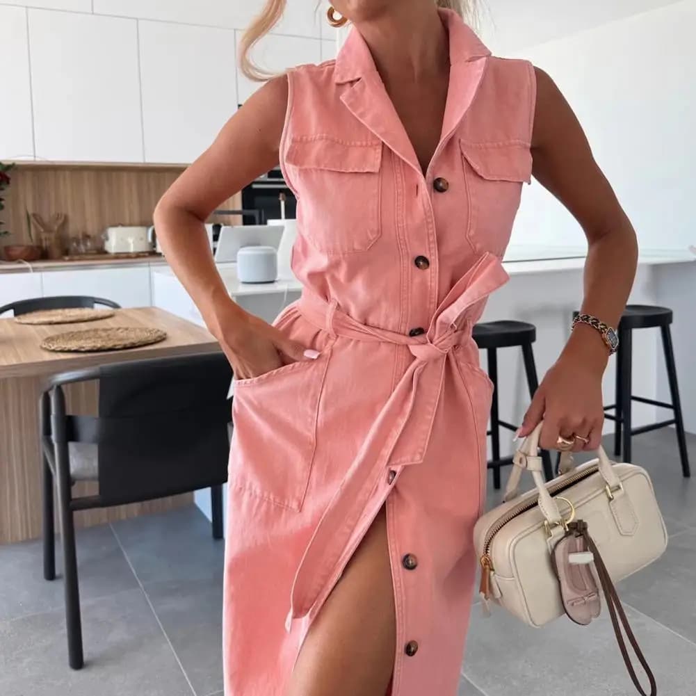 Abito in Denim alla Moda per Donne, Vestito Lungo in Jeans con Cintura, Bottoni e Colletto, Abito Estivo in Denim 80%