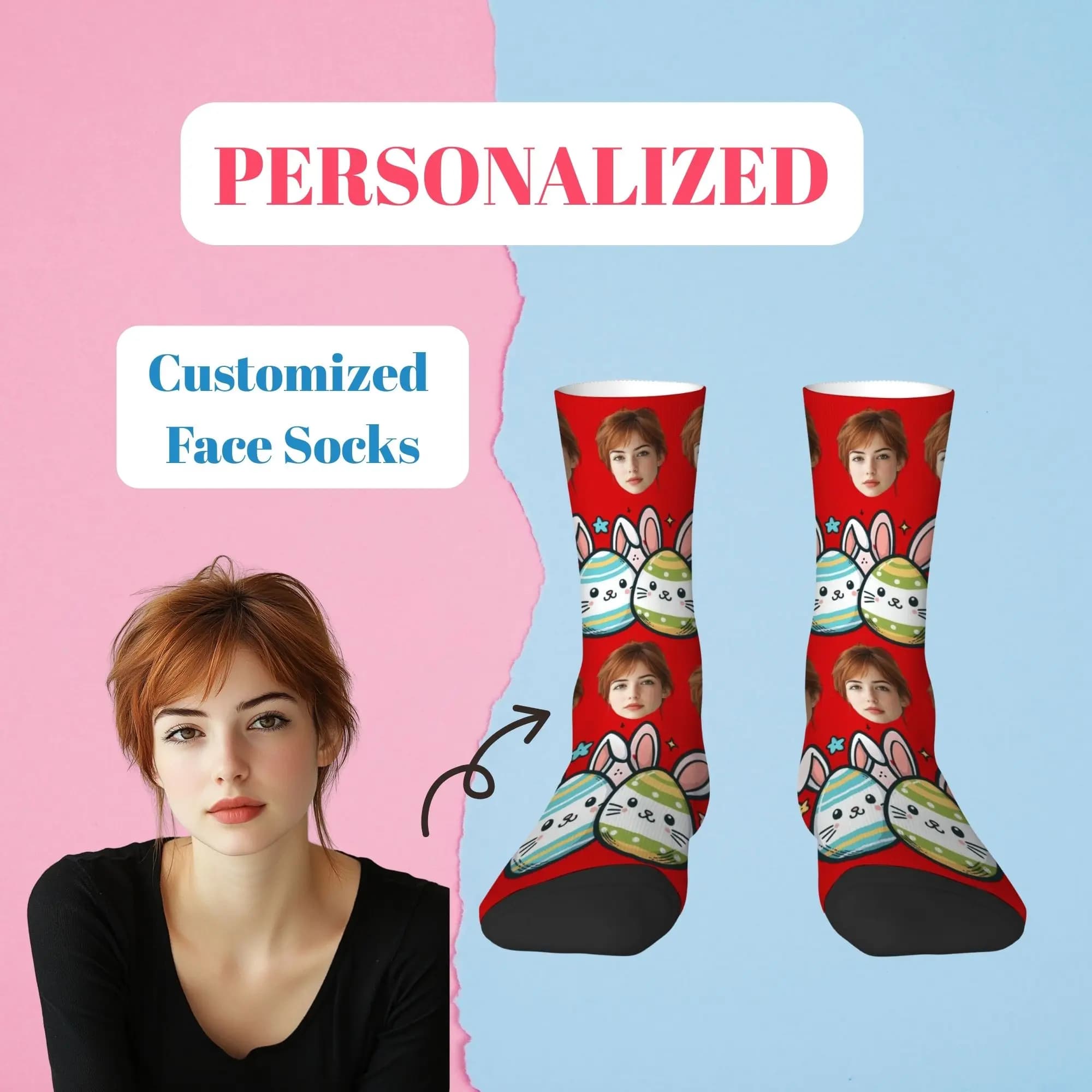 Easter Egg Bunny Face Customized Mid-Calf Socks Fun Quirky Comfortable Soft Breathable Socks and Unique Commemorative Gift