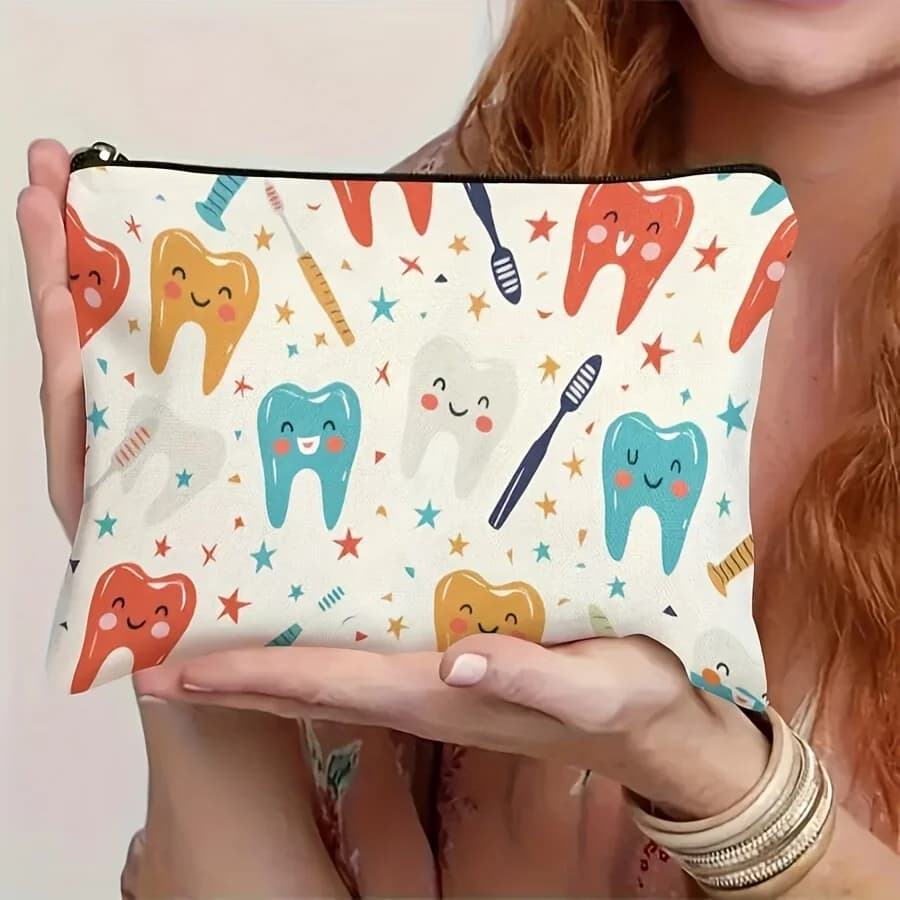 Fun and Educational Tooth Care Canvas Travel Bag Vibrant Illustrations of Teeth Toothbrushes Toothpaste Lightweight Storage Bag